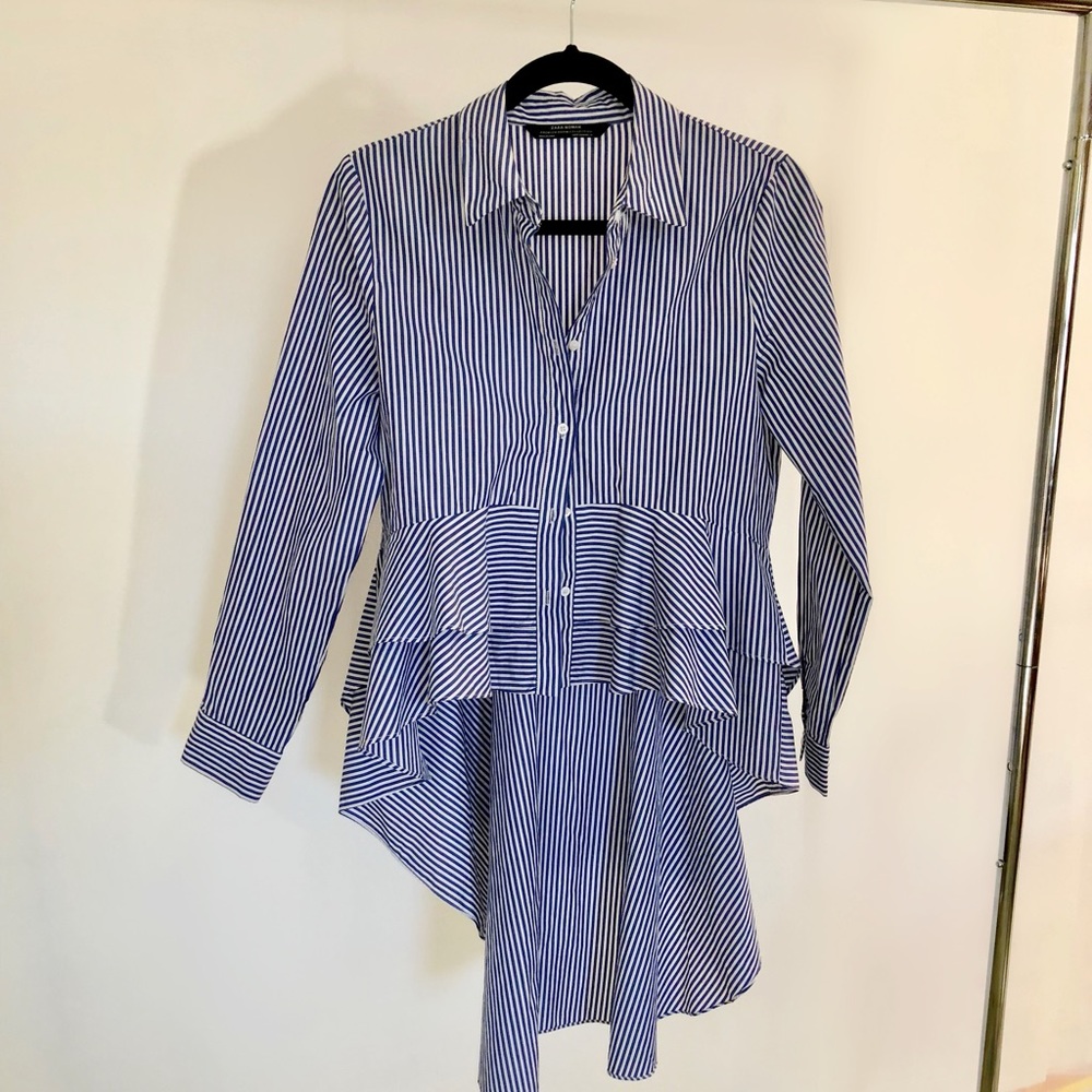 Zara Pinstriped Blue & White Ruffled Buttonup
